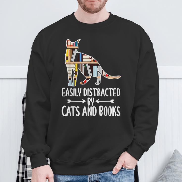 Easily Distracted By Cats And Books Reader Cat Lovers For Men Women Girls Kids Sweatshirt Gifts for Old Men