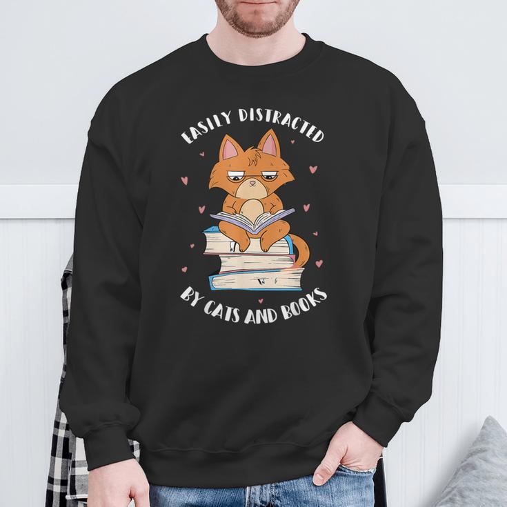 Easily Distracted By Cats And Books Shirts Book Lover Sweatshirt Gifts for Old Men