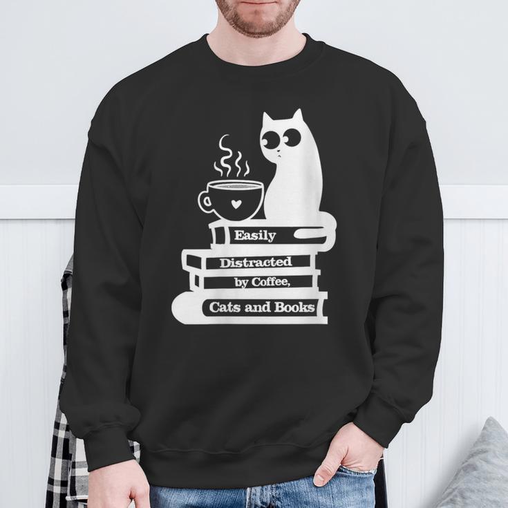 Easily Distracted Cats Coffee And Books Sweatshirt Gifts for Old Men