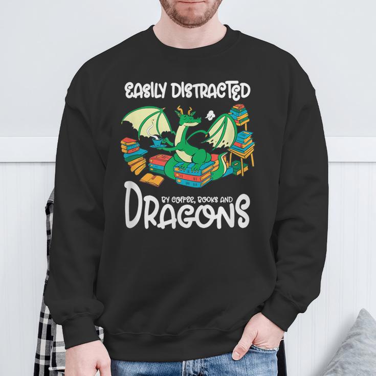 Easily Distracted By Coffee Books And Dragons Fantasy Sci-Fi Sweatshirt Gifts for Old Men