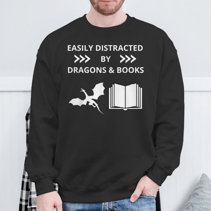 Easily Distracted By Dragon And Books Nerds Sweatshirt Gifts for Old Men