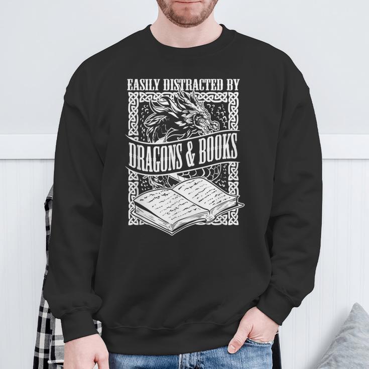 Easily Distracted By Dragons & Books Artwork Sweatshirt Gifts for Old Men
