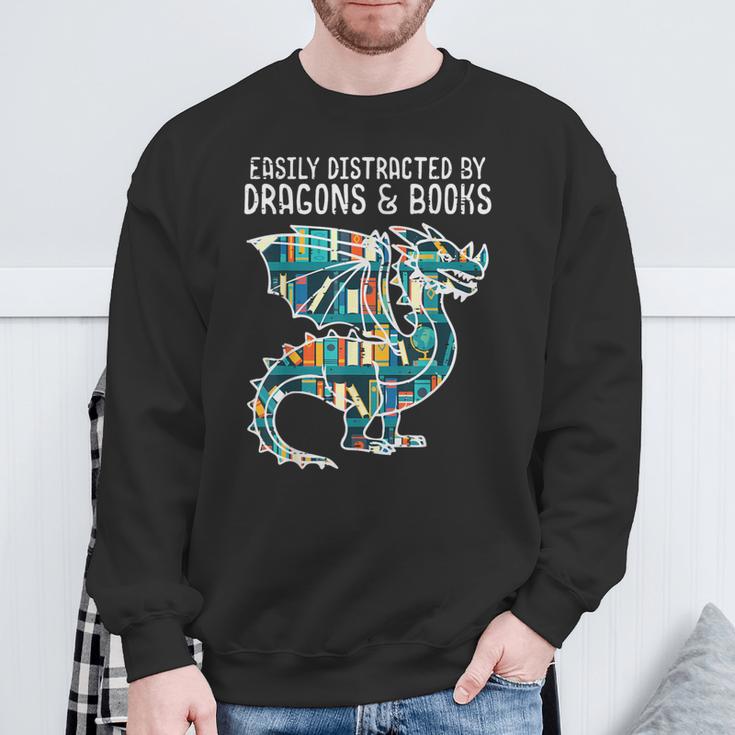 Easily Distracted By Dragons Books Bookworm Sweatshirt Gifts for Old Men