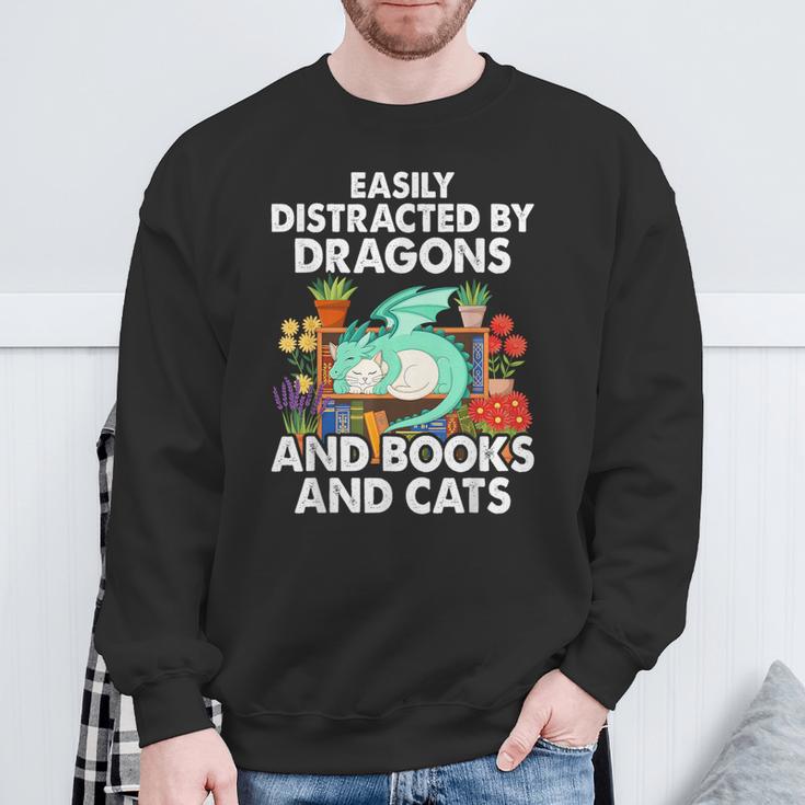 Easily Distracted By Dragons Books Cats Fantasy Book Lover Sweatshirt Gifts for Old Men