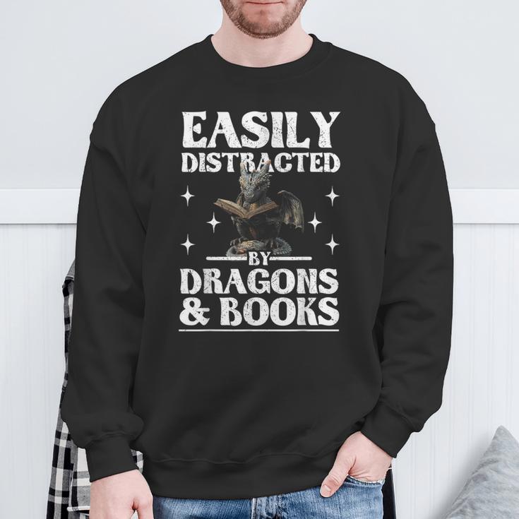 Easily Distracted By Dragons And Books Fantasy Book Lover Sweatshirt Gifts for Old Men