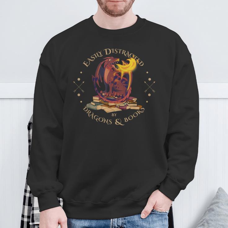 Easily Distracted By Dragons And Books Nerd Red Dragon Sweatshirt Gifts for Old Men