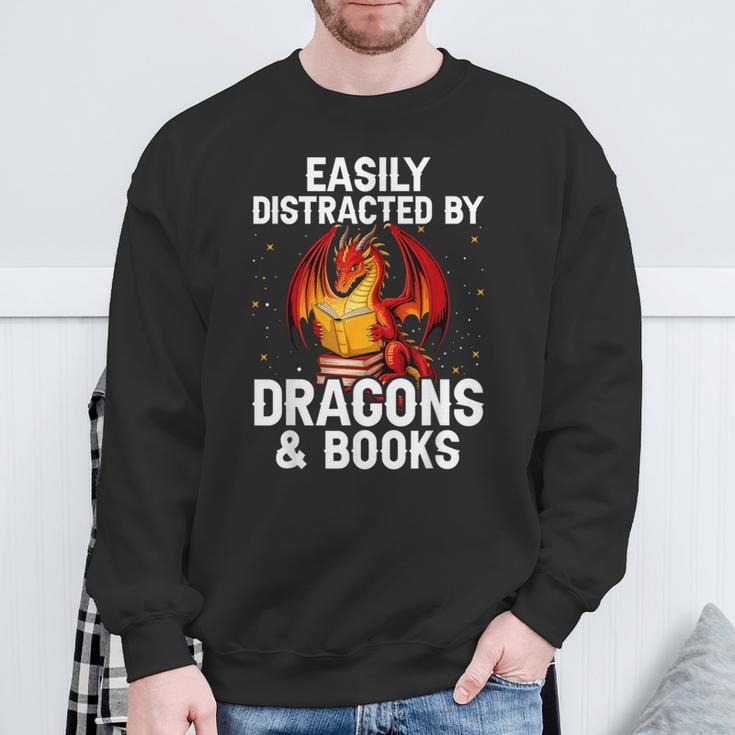 Easily Distracted By Dragons And Books Reading Sweatshirt Gifts for Old Men