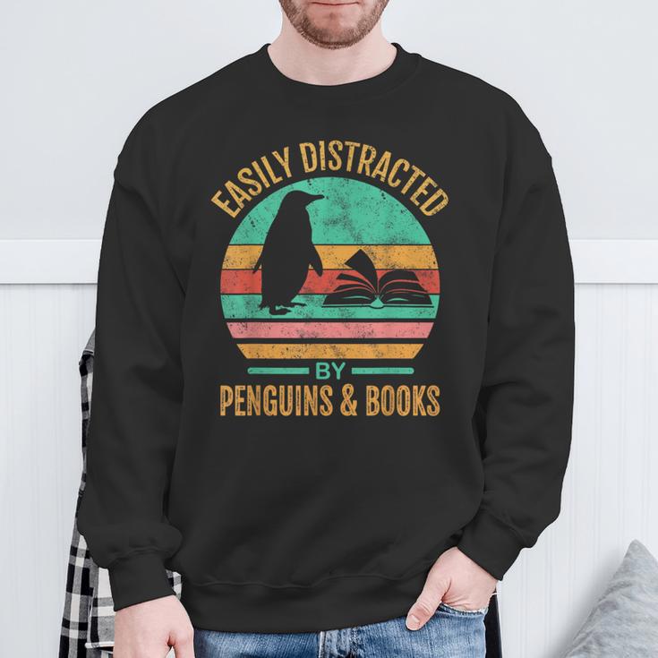 Easily Distracted By Penguins & Books Retro Sweatshirt Gifts for Old Men Easily Distracted By Penguins & Books Retro Sweatshirt Gifts for Old Men