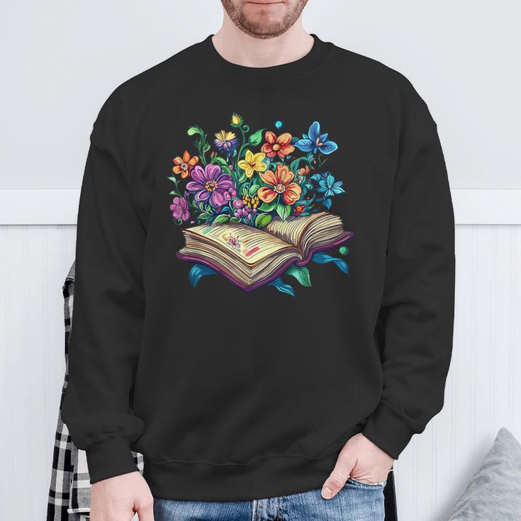 Enchanted Open Book With Blooming Flowers Sweatshirt Gifts for Old Men