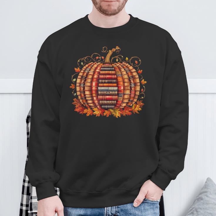 Fall Book Pumpkin Autumn Retro Reading Teacher Books Lover Sweatshirt Gifts for Old Men