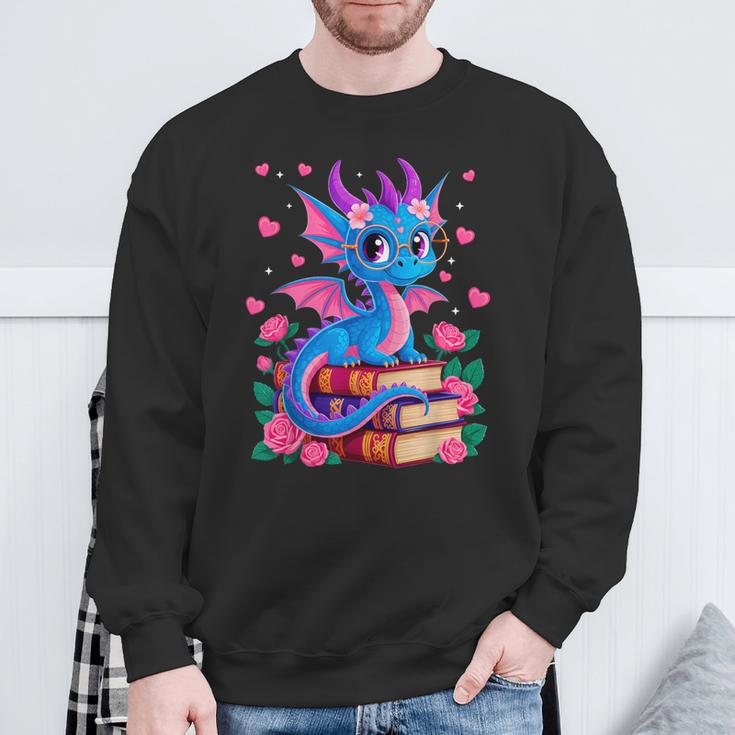 Fantasy Dragon Reading Books Bookworm Sweatshirt Gifts for Old Men