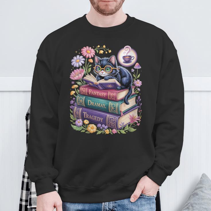 Fantasy Drama Tragedy Cute Cat Book Lover Readers Librarians Sweatshirt Gifts for Old Men