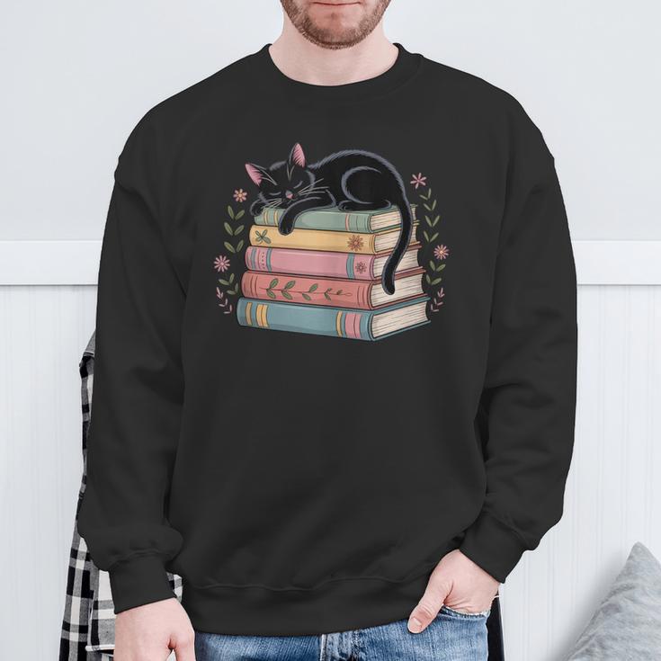 Floral Cat Sleeping On Books Sweatshirt Gifts for Old Men