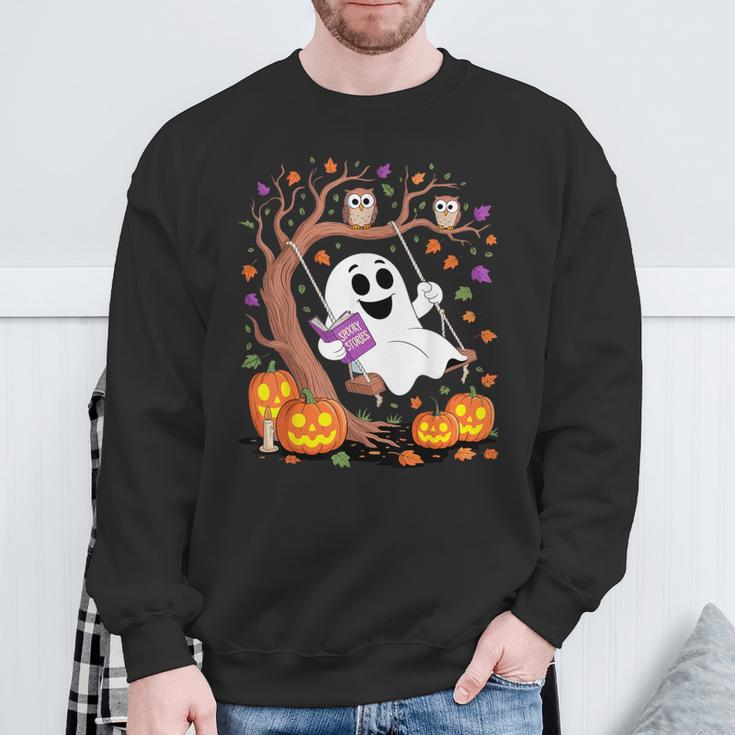 Ghost Reading Book On Swing Halloween Autumn Art Sweatshirt Gifts for Old Men