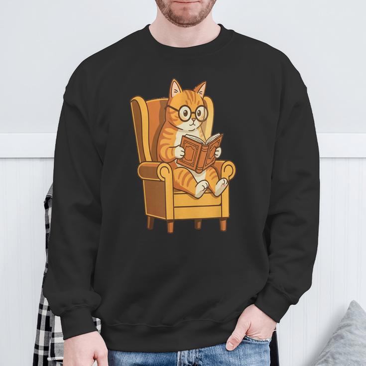 Ginger Tabby Cat Reading Book Glasses Retro Illustration Sweatshirt Gifts for Old Men Ginger Tabby Cat Reading Book Glasses Retro Illustration Sweatshirt Gifts for Old Men