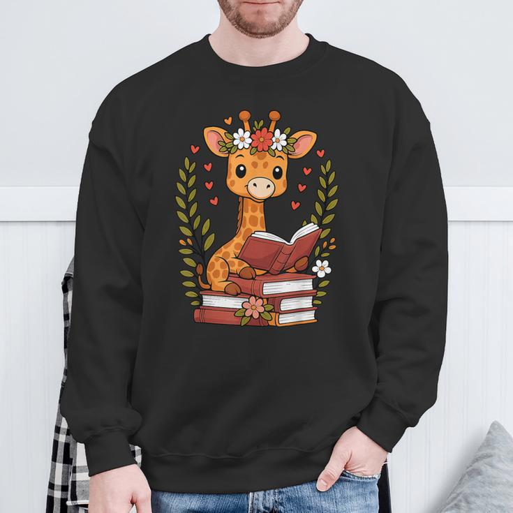 Giraffe Reading Book Graphic Giraffe With Book Floral Sweatshirt Gifts for Old Men