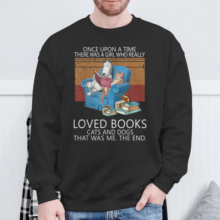 A Girl Who Loves Books Cats And Dogs Cat Book Reading Sweatshirt Gifts for Old Men
