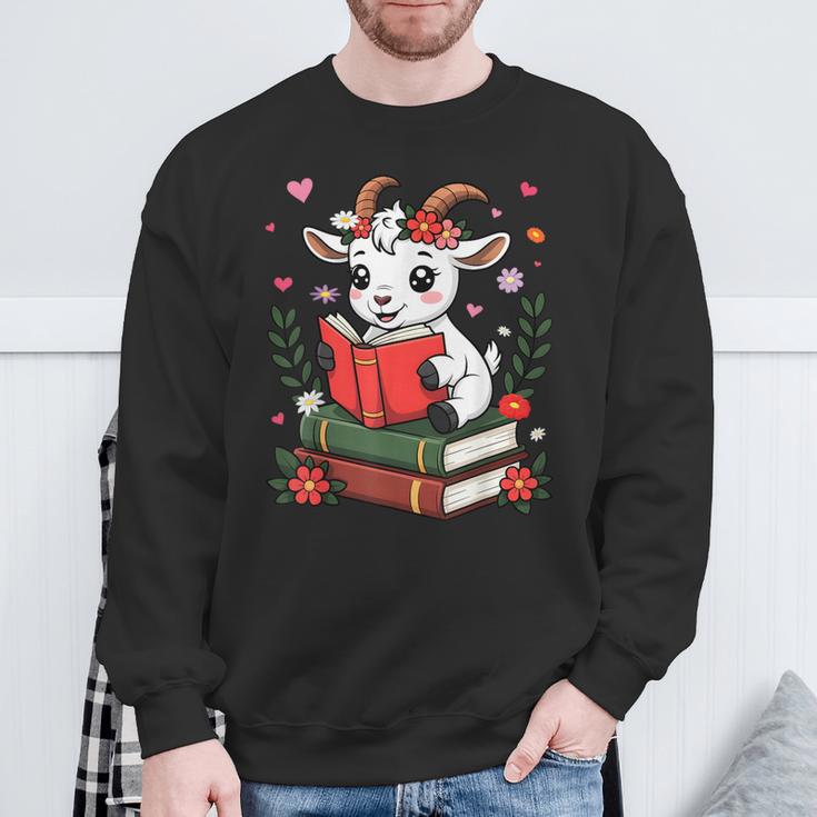 Goat Reading Book Graphic With Floral Sweatshirt Gifts for Old Men