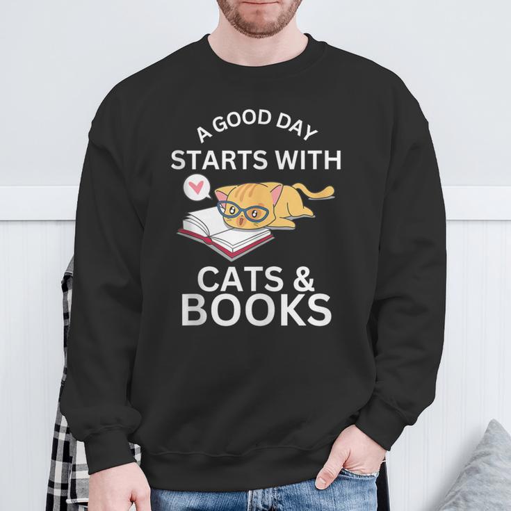 A Good Day Starts With Cats & Books Sweatshirt Gifts for Old Men