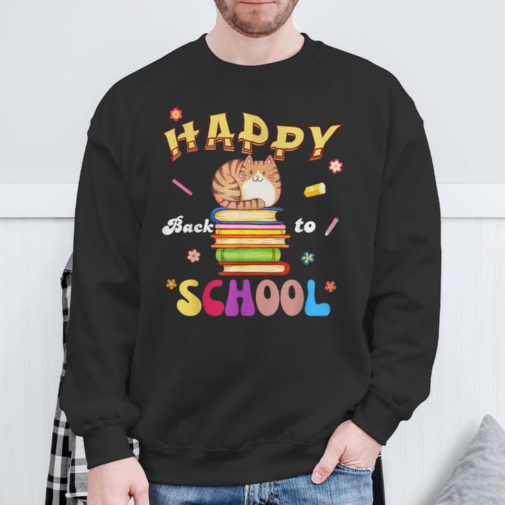 Happy Back To School Cat Books The Start Of The School Year Sweatshirt Gifts for Old Men