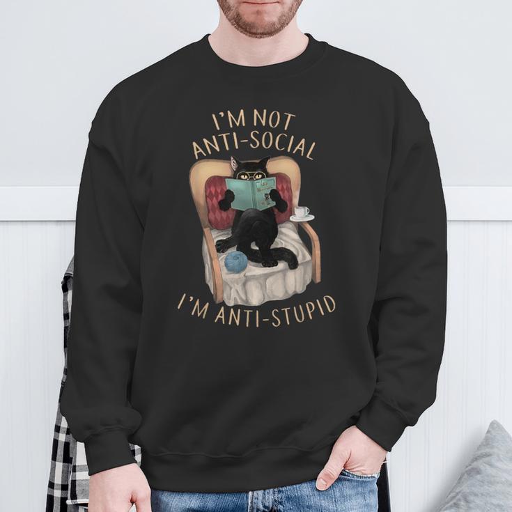 I'm Not Anti-Social I'm Anti-Stupid Cat Read Book Men Women Sweatshirt Gifts for Old Men