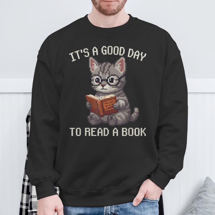 It's A Good Day To Read A Book Cat Pixel Art Sweatshirt Gifts for Old Men
