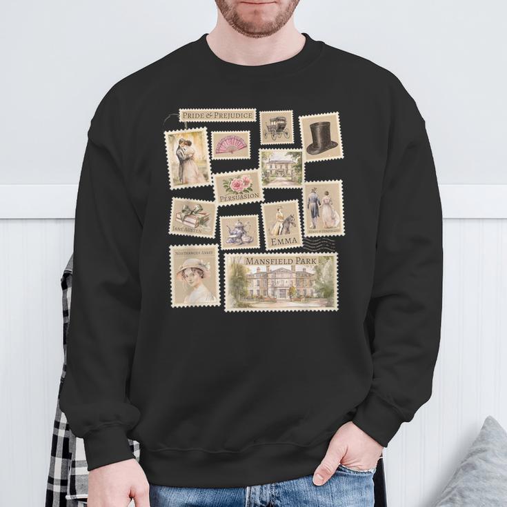 Jane Austen Book Classic Literature Stamp Collage Sweatshirt Gifts for Old Men