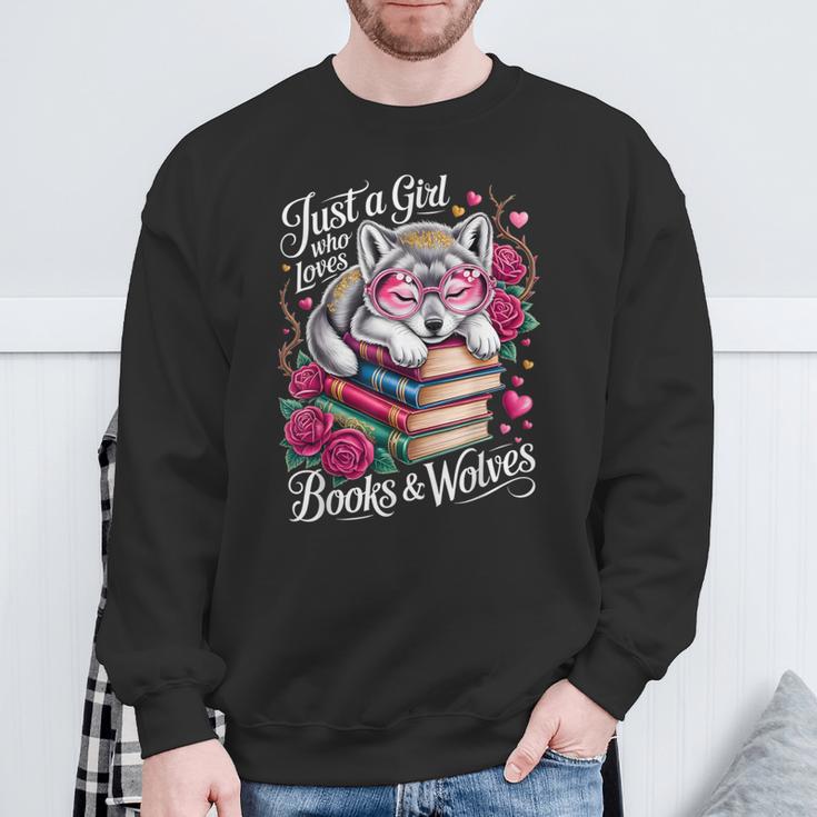 Just A Girl Who Loves Books And Wolves Cute Reading Nerd Sweatshirt Gifts for Old Men