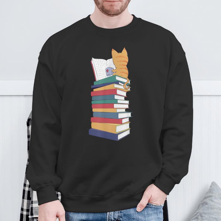 Kawaii Cat Books Tea Coffee Sweatshirt Gifts for Old Men