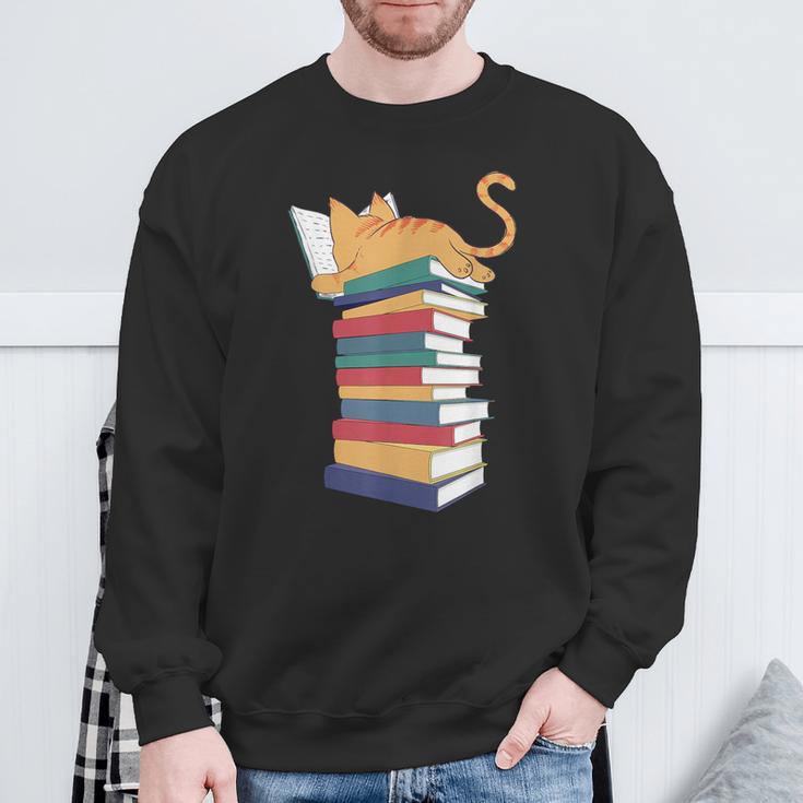 Kawaii Cat Lover Reading Books Librarian Humor Tee Sweatshirt Gifts for Old Men