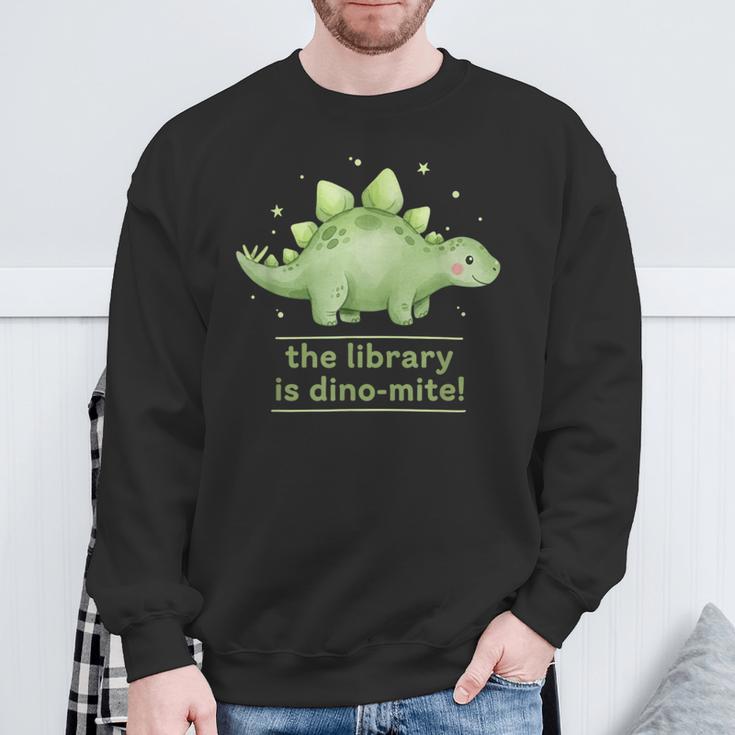 The Library Is Dino-Mite Stegosaurus Reading Kids Book Sweatshirt Gifts for Old Men