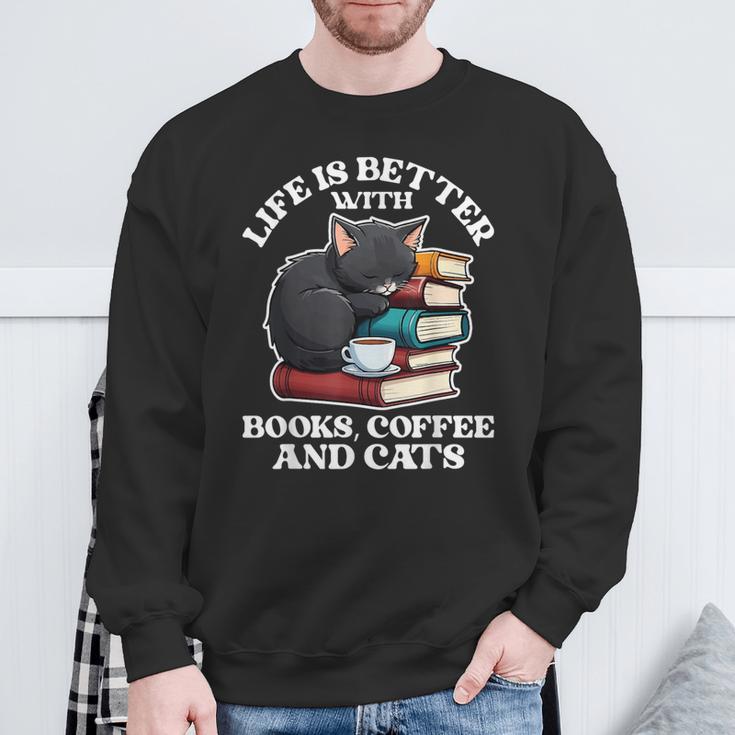 Life Is Better With Books Cats & Coffee Librarian Book Lover Sweatshirt Gifts for Old Men