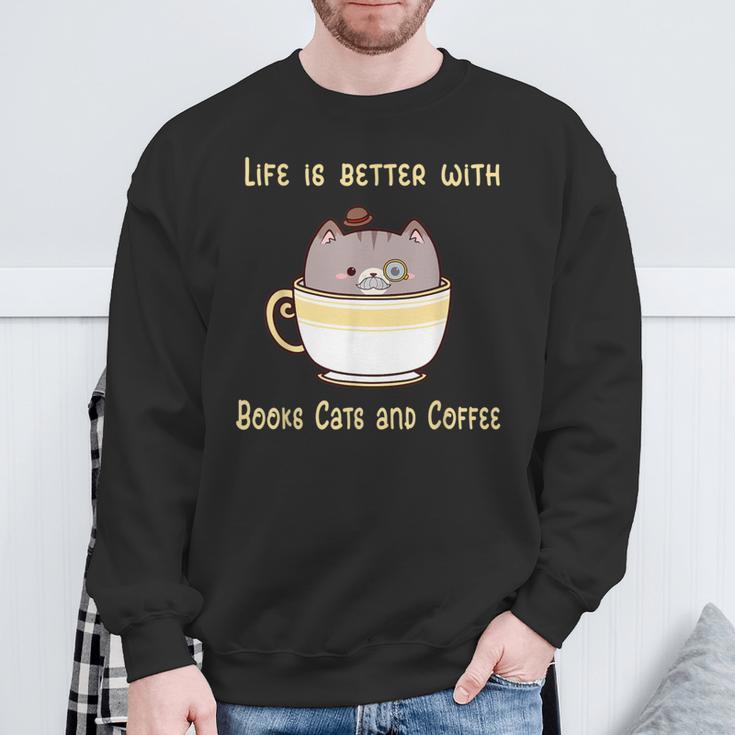 Life Is Better With Books Cats And Coffee Cute Kitten Sweatshirt Gifts for Old Men