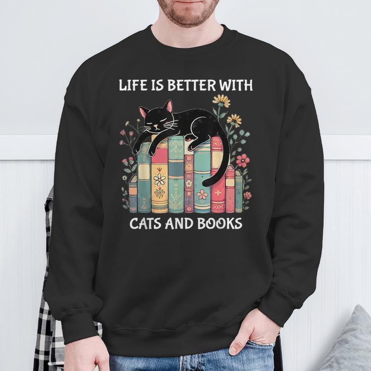 Life Is Better With Cats And Books Cute Cat Lover Sweatshirt Gifts for Old Men