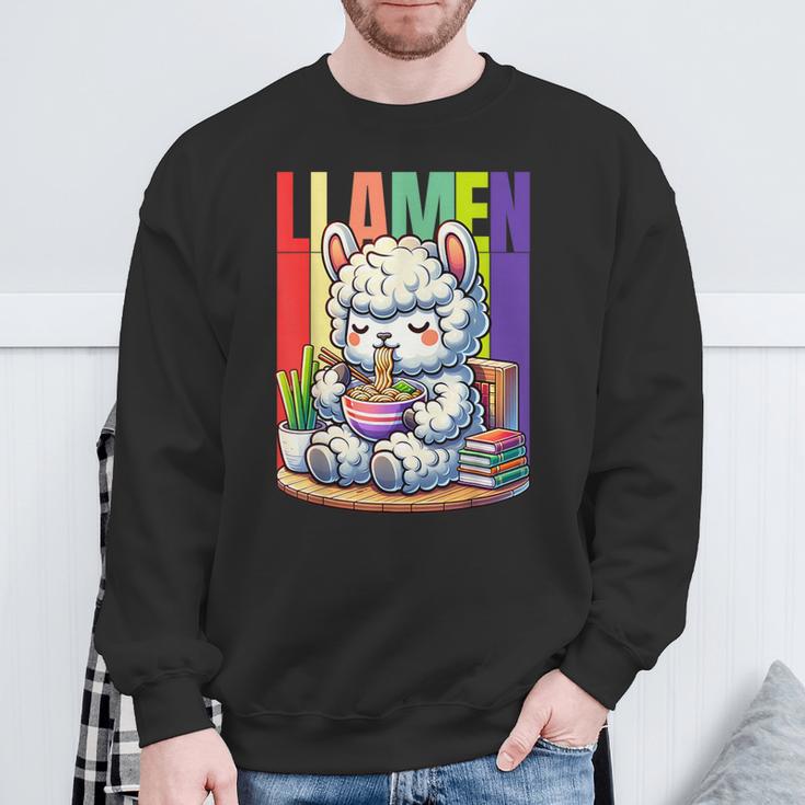 Llamen Cute Kawaii Llama Eating Ramen And Reading Books Sweatshirt Gifts for Old Men