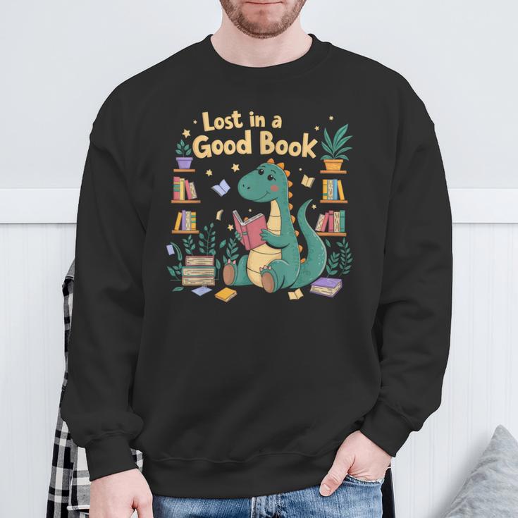 Lost In a Good Book Cute Reading Dinosaur Illustration Sweatshirt Gifts for Old Men