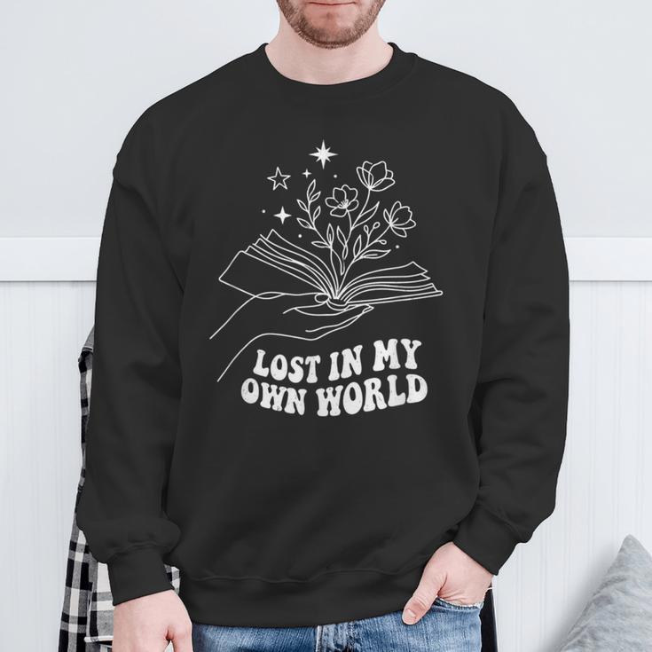 Minimalist Bookworm Lost In My Own World Book Lover Sweatshirt Gifts for Old Men