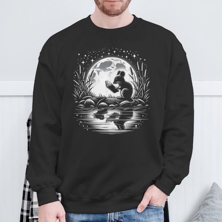 Mouse Reading Book Full Moon Lake Scenery Sweatshirt Gifts for Old Men
