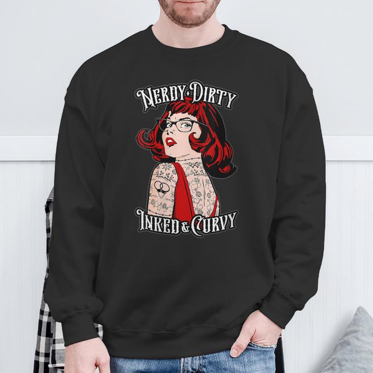 Nerdy Dirty Inked & Curvy Book Lover Tattoo Pop Art Girl Sweatshirt Gifts for Old Men