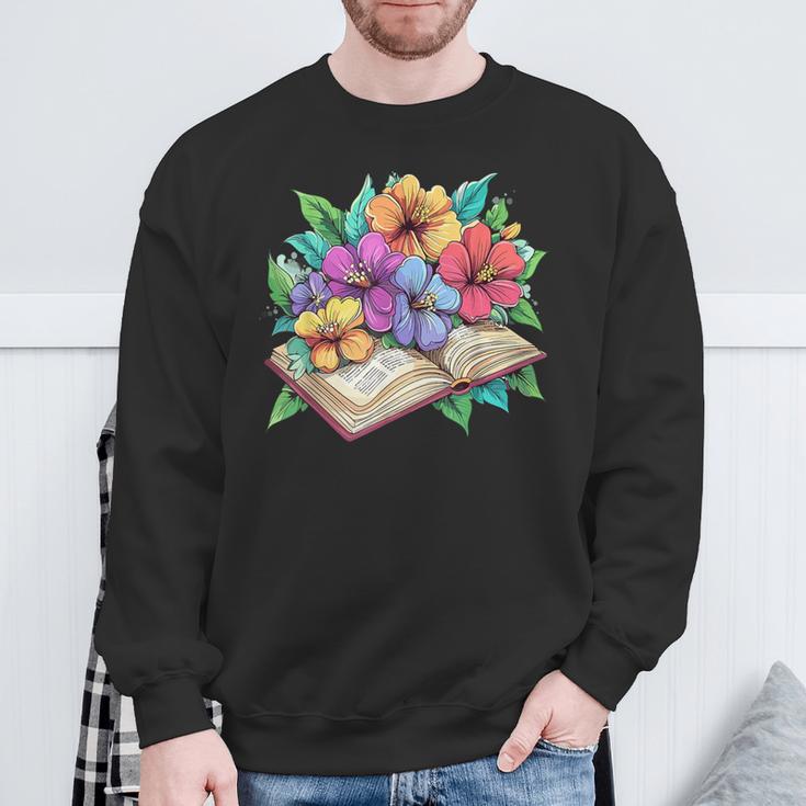 Open Book With Colorful Hibiscus Flowers Bloom Sweatshirt Gifts for Old Men