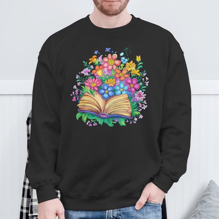 Open Book Surrounded By Colorful Spring Flowers Bloom Sweatshirt Gifts for Old Men