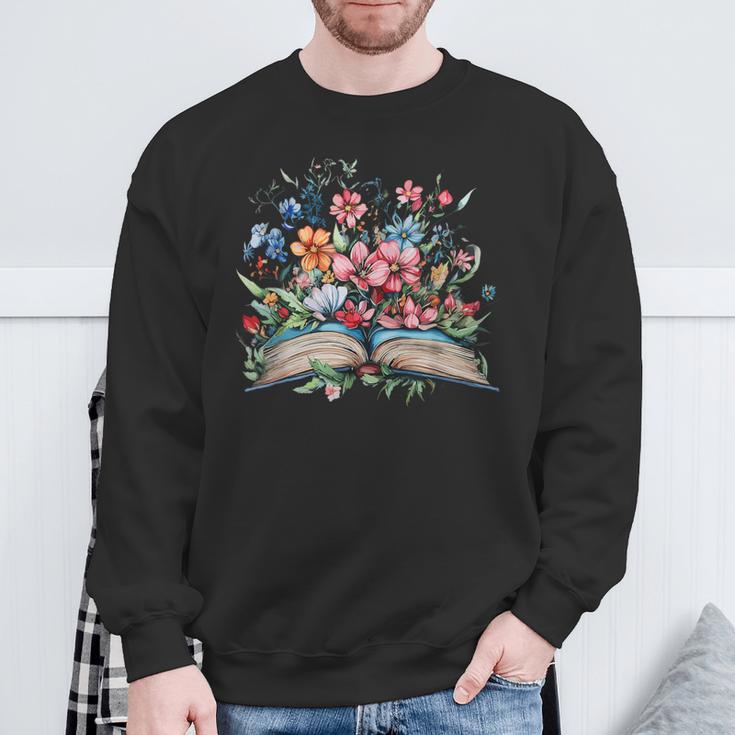 Open Book With Wildflowers Blooming Around Pages Sweatshirt Gifts for Old Men