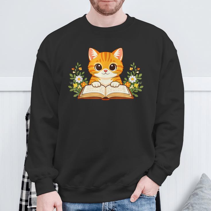 Orange Cat Reading Book Flowers Sweatshirt Gifts for Old Men