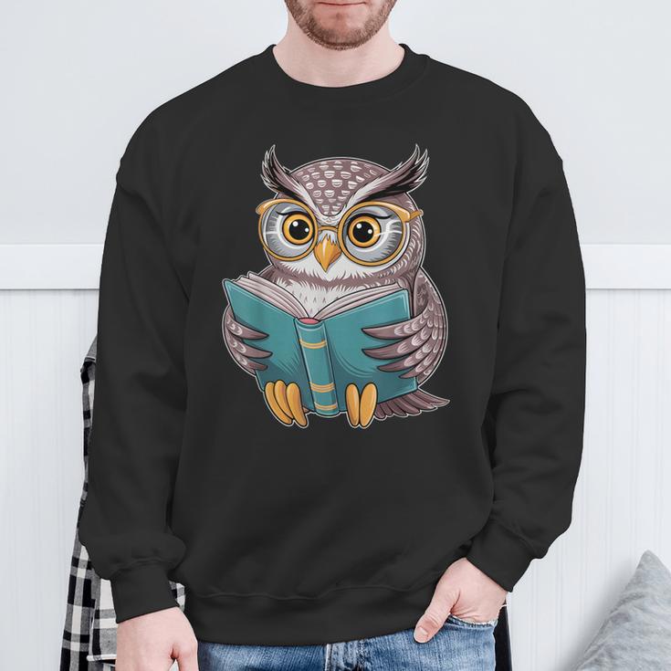 Owl Reading A Book Owls Wearing Glasses Librarian Sweatshirt Gifts for Old Men