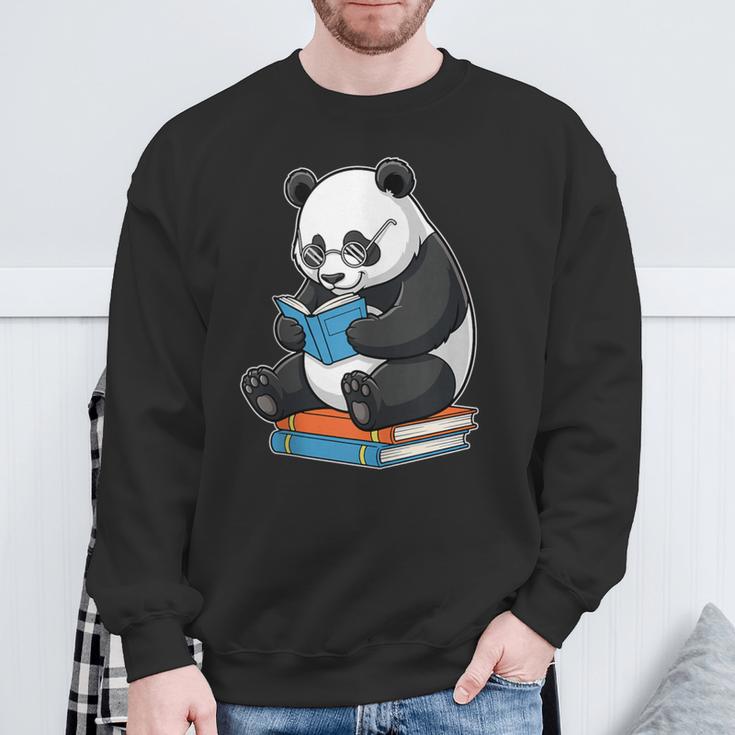 Panda With Glasses Reading Book Librarian Panda Sweatshirt Gifts for Old Men