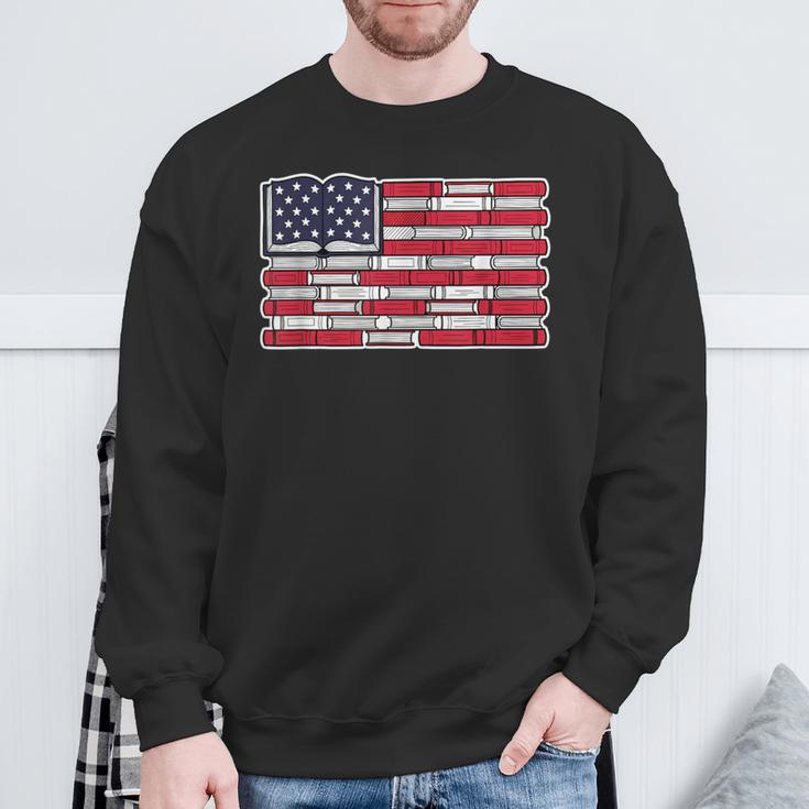 Patriotic Book Flag Reading American Flag Books Teacher Sweatshirt Gifts for Old Men