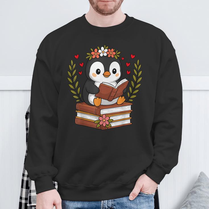 Penguin Reading Book Graphic Penguin With Book Floral Sweatshirt Gifts for Old Men