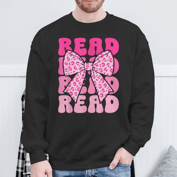 Pink Leopard Read Coquette Bow Girls Retro Groovy Reading Sweatshirt Gifts for Old Men