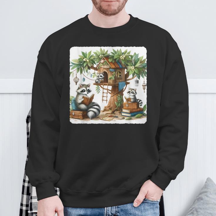 Raccoon Family Reading Around Treetop Home Books Adventure Sweatshirt Gifts for Old Men