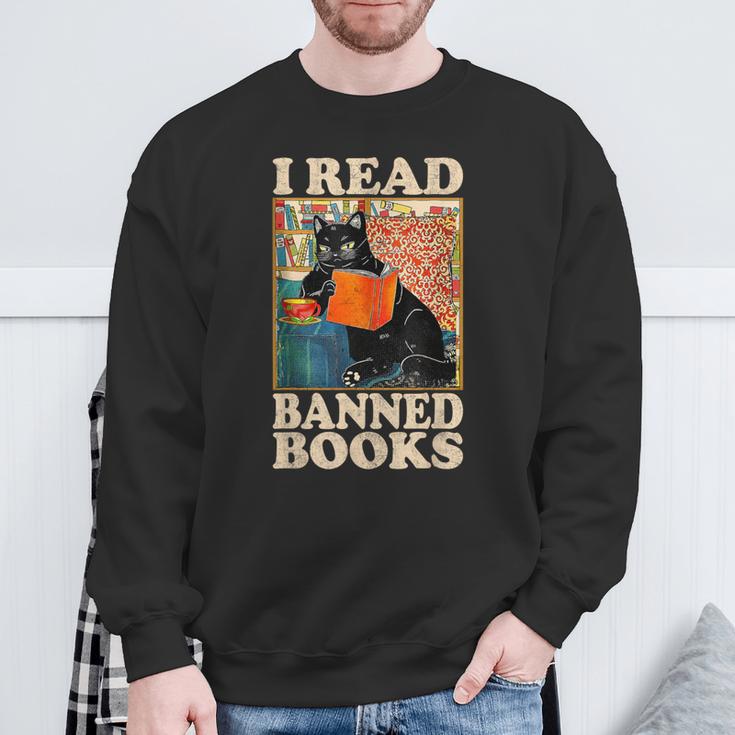 I Read Banned Books Cat Reader Bookworm Sweatshirt Gifts for Old Men